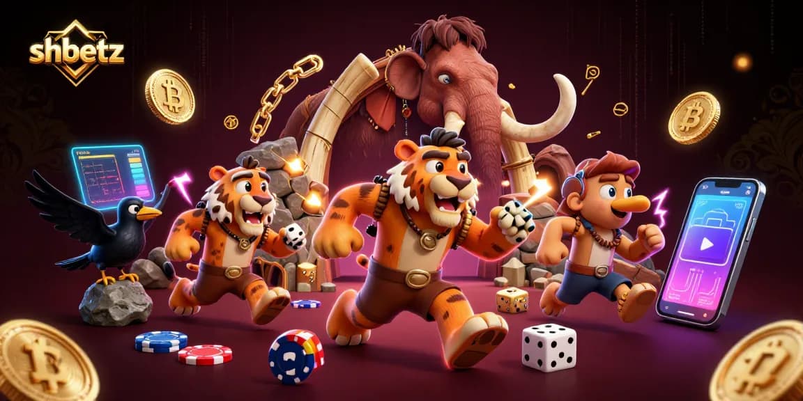 Experience thrills at shbetz with a 3D cartoon scene of prehistoric casino action and cryptocurrency elements.