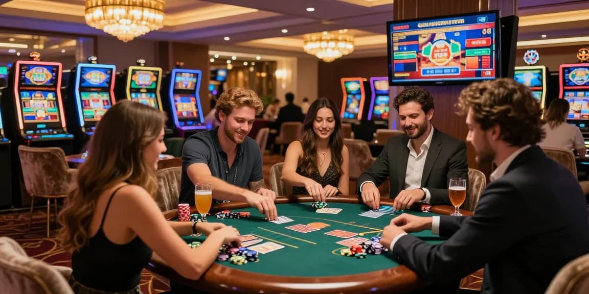 Group enjoying iwin games at an upscale casino, vibrant atmosphere.