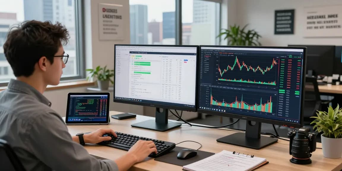 Engaged developer utilizing Japan stock WebSocket API at a modern trading desk for real-time market analysis.