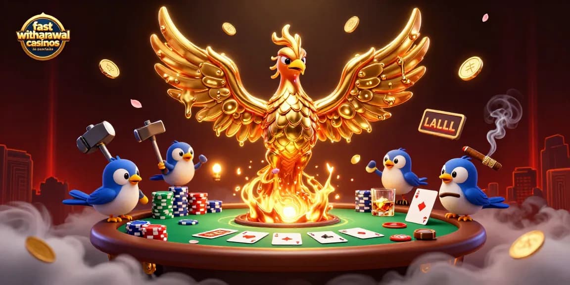 Win big at fast withdrawal casinos in Australia with 3D illustration of phoenix and poker elements.