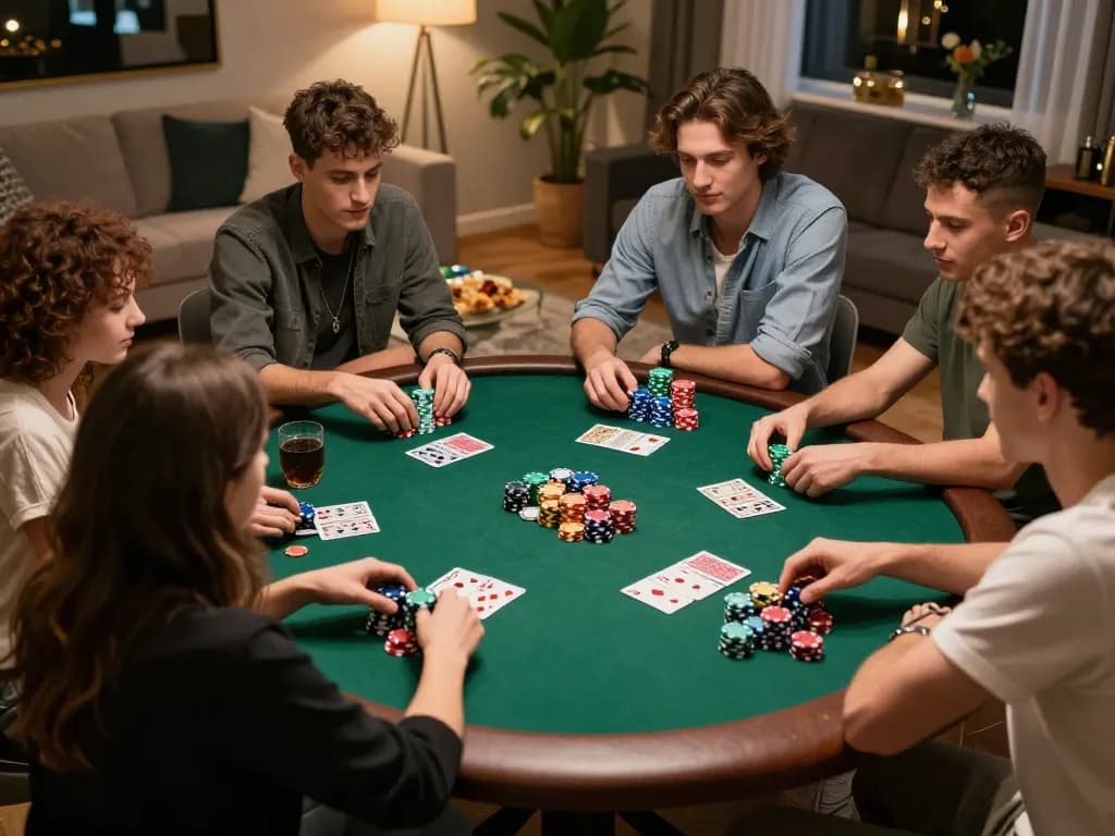 Friends strategizing during a poker game at home, showcasing the excitement of MM88 gaming.
