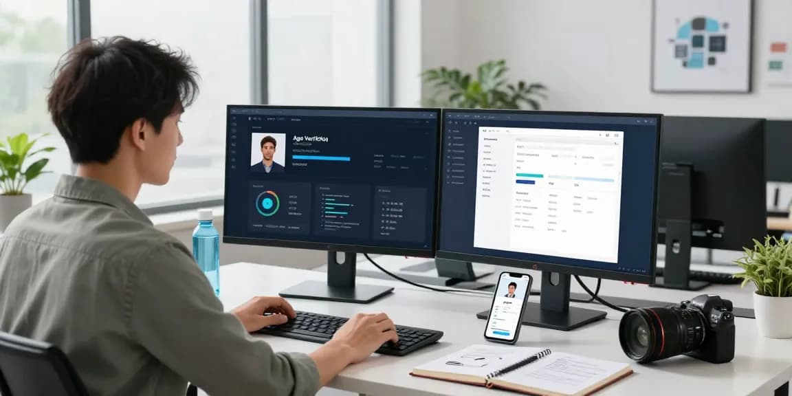 AI-powered age verification system in a modern tech workspace with user interfaces and compliance dashboards