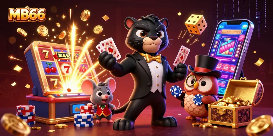 MB66 casino site features a 3D panther dealing cards with vibrant gameplay elements surrounding it.