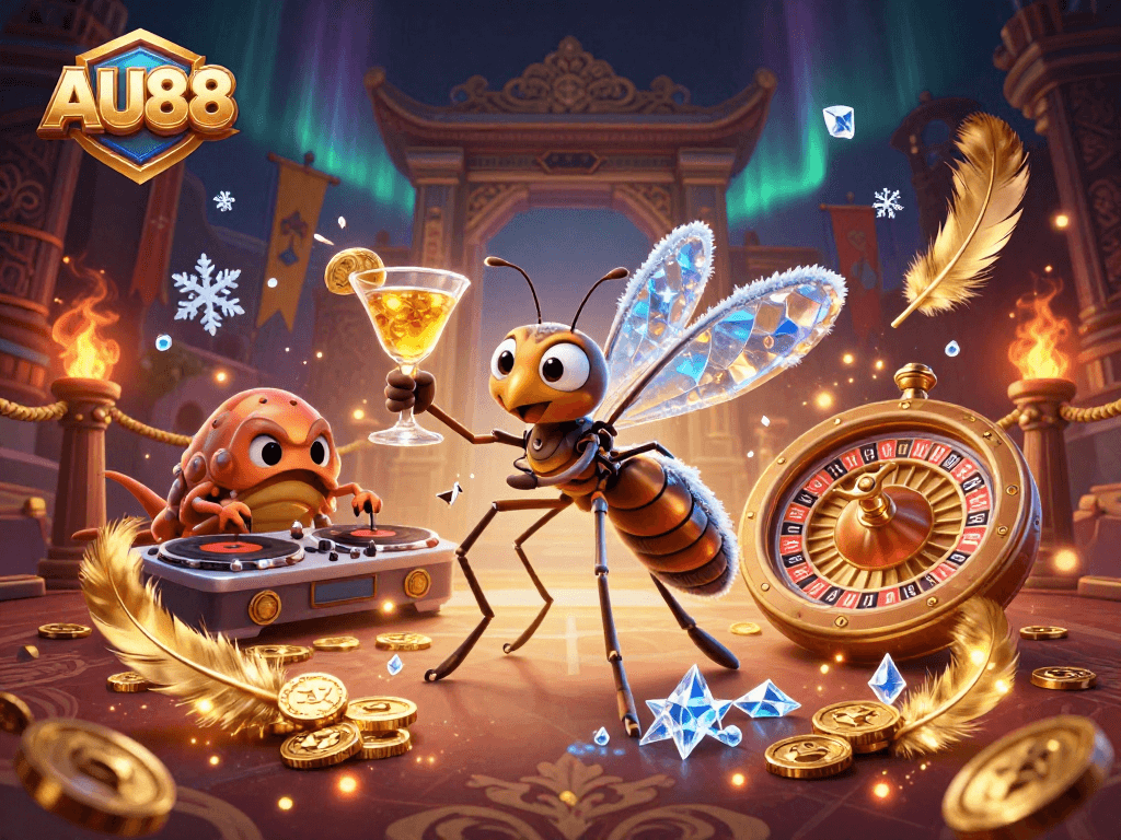 Experience the thrill of AU88 with animated characters in a vibrant casino scene full of action.