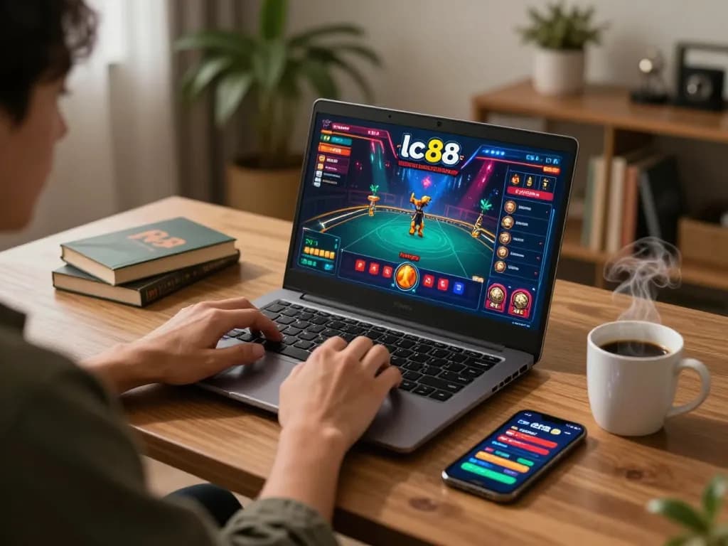 Engaging online gaming scene at lc88 com with a player enjoying casino games on a laptop, cozy environment enhancing the gambling experience.