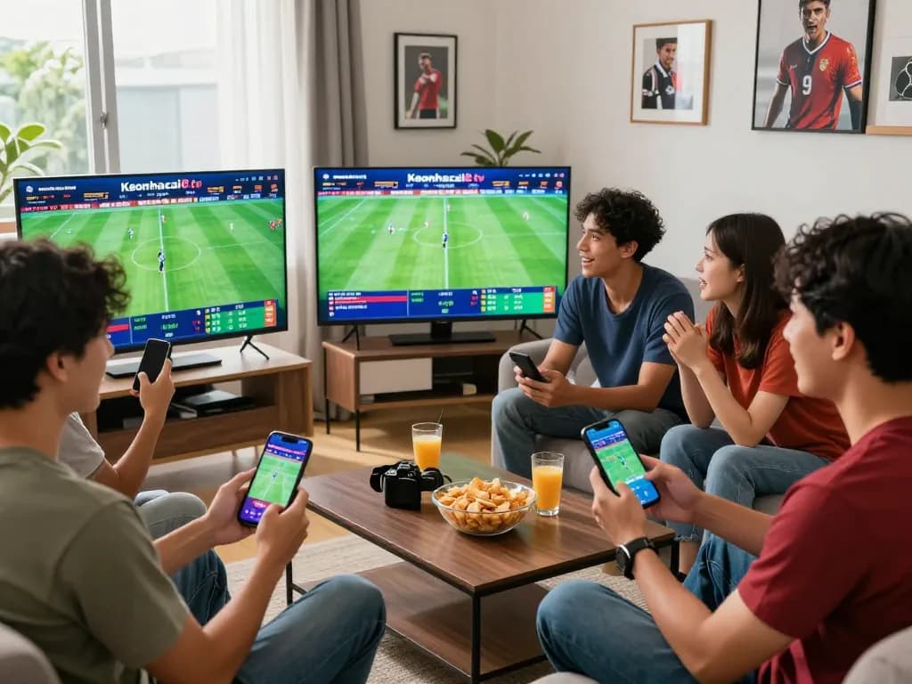 Friends engaging in sports betting using Keonhacai8.tv with excited expressions.