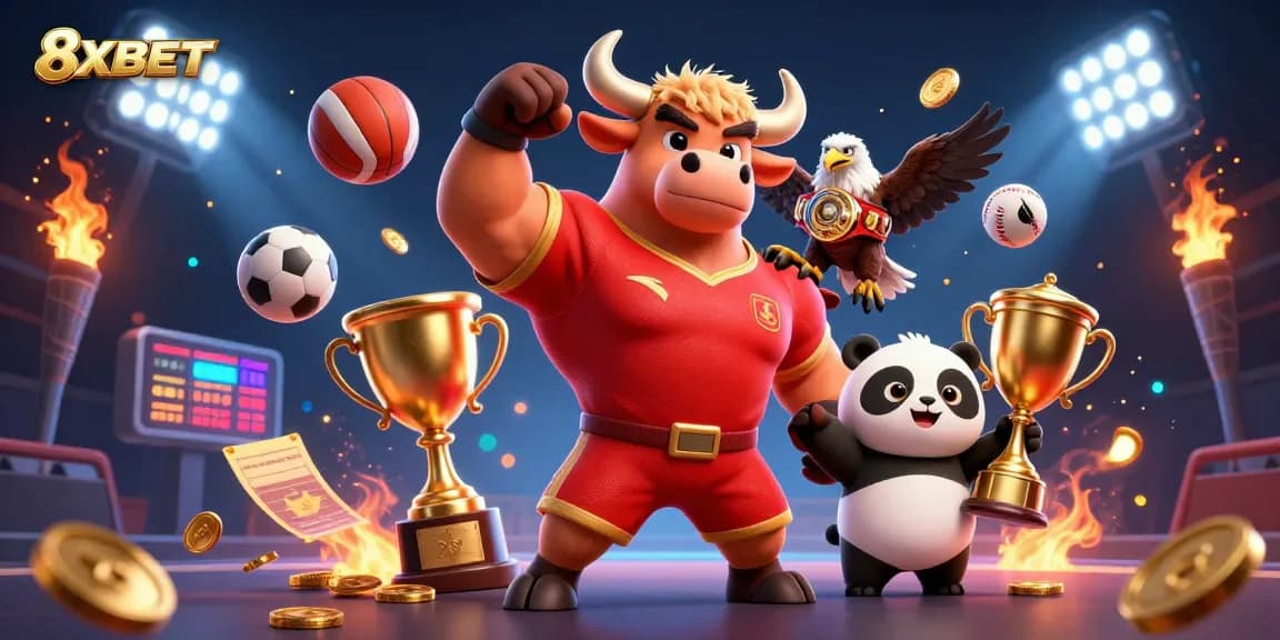 8XBET engages players in a thrilling victory scene with mascots celebrating sports and winnings.