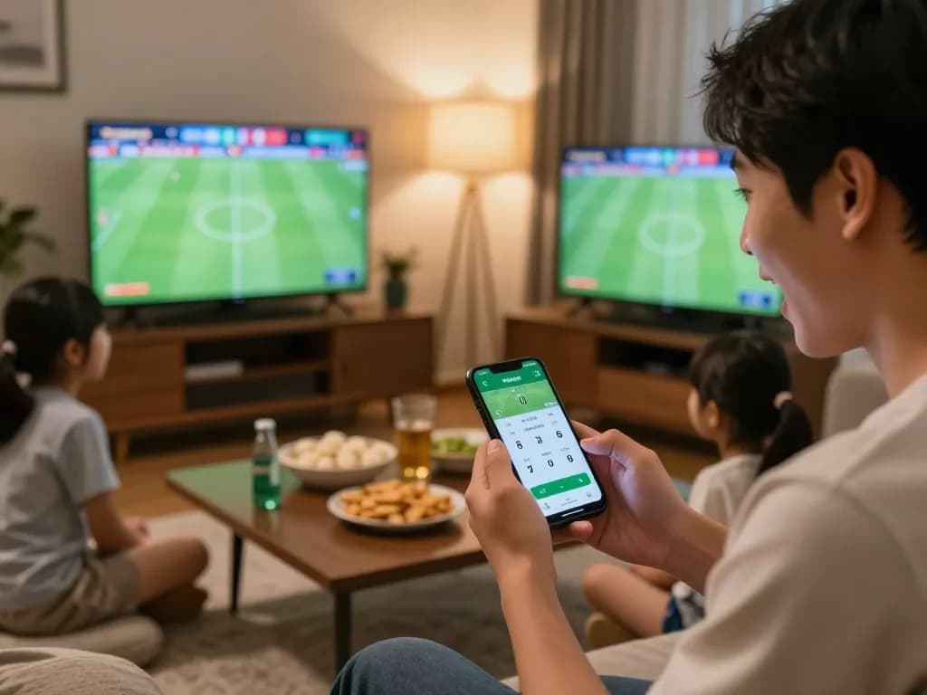Excited individual analyzing ty le keo nha cai while betting on live sports from home.