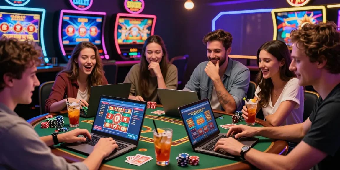 Paysafe Card Casino-Szene mit Spielern, die gemeinsam in einer lebhaften Online-Umgebung verschiedene Spiele genießen, mit einem Fokus auf Spaß und soziale Interaktionen.
