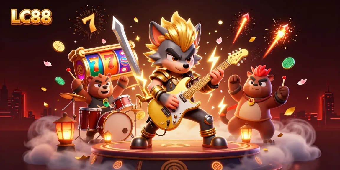 Experience thrilling slots at LC88 with wild characters on a vibrant casino stage.