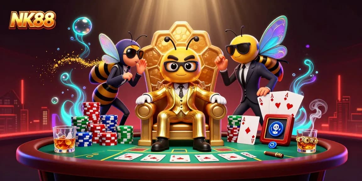 NK88's vibrant casino-themed scene featuring a bumblebee mob boss and poker elements in action