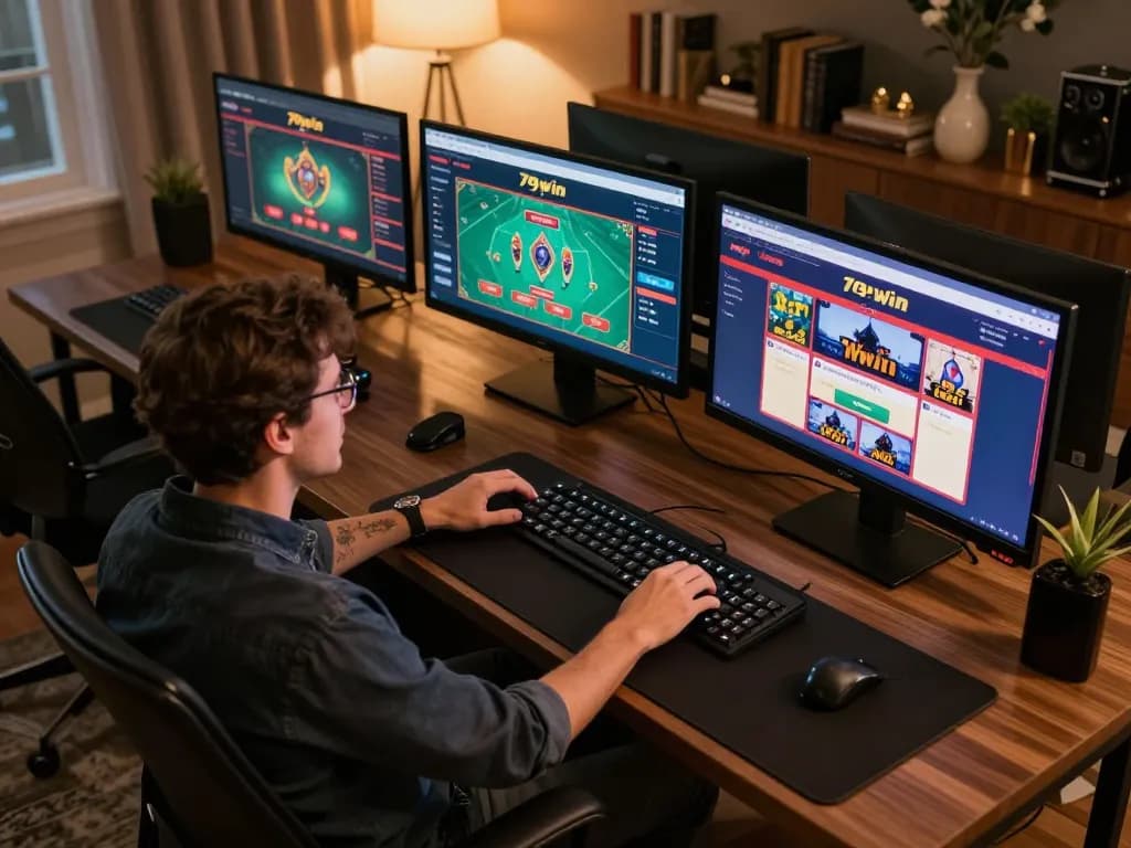 Engaged player enjoying games on 79win online casino app in a cozy home setting.