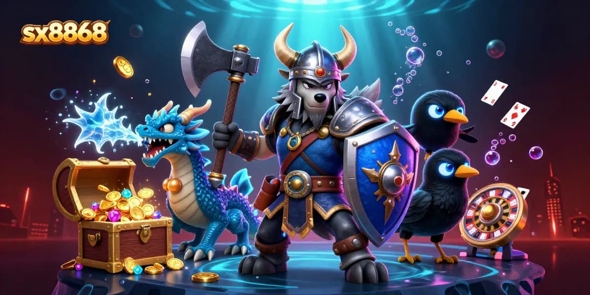 Engage in thrilling casino experiences with sx8868, showcasing a Viking warrior, fierce dragon, and vibrant gold treasures.