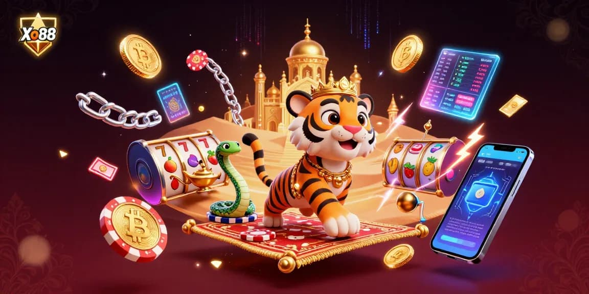 Xo88 elevates your game with a vibrant 3D illustration of a cartoon tiger sultan, crypto, and slot elements.