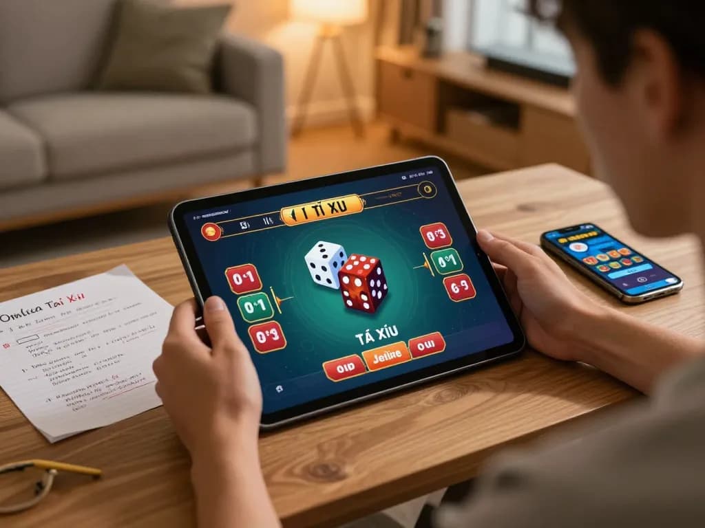 Tai Xiu online gaming on tablet for strategic betting at taixiuonlinego, featuring vibrant interface and cozy setup.