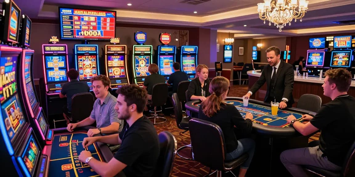 Exciting scene at Jackpot City online casino with players engaging in vibrant gaming activities.