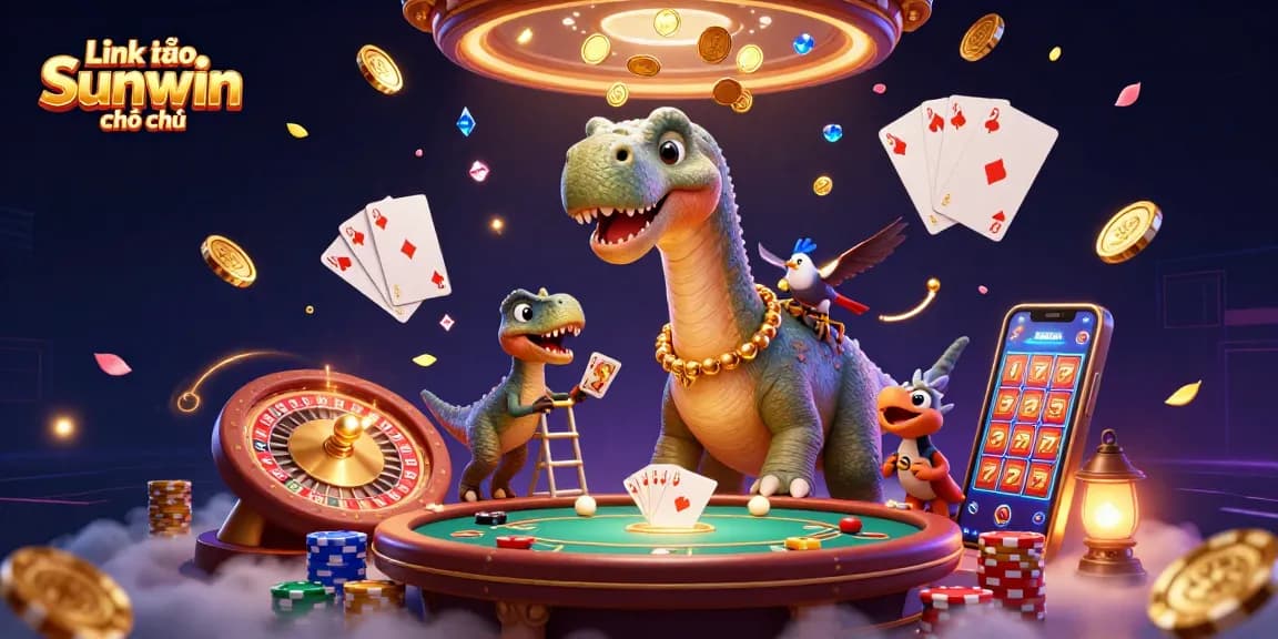 Experience the thrill of winning at Link vào Sunwin chính thức with this vibrant casino scene featuring adorable dinosaur characters.