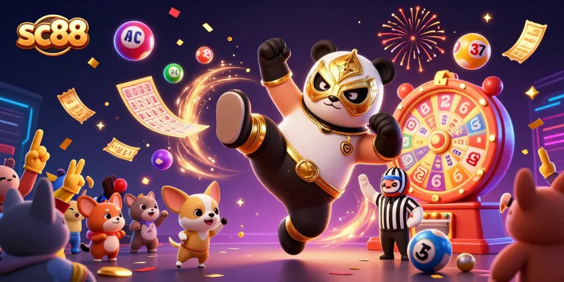 Experience thrilling action at sc88 with a vibrant 3D illustration of a panda wrestler, colorful lottery elements, and an interactive casino atmosphere.