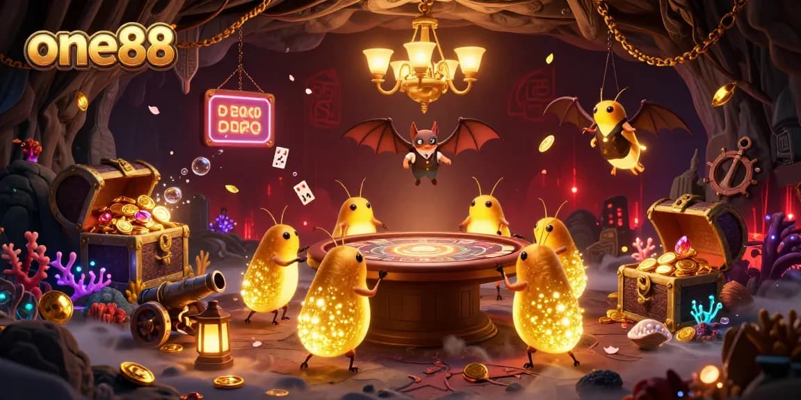 Join one88's vibrant cave casino adventure with glowing glowworms and a bat dealer lighting the game!