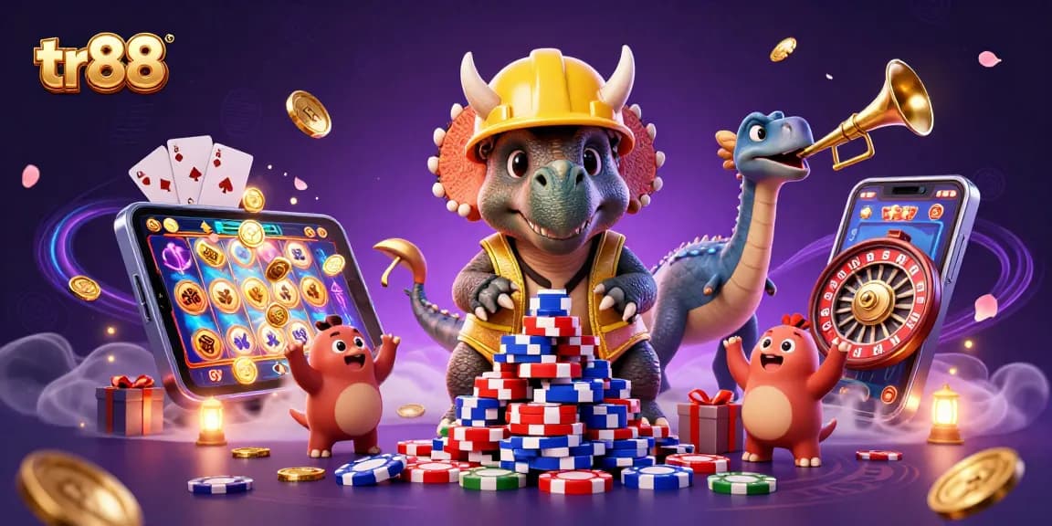 Experience the thrill at tr88 with triceratops building poker chips and gaming excitement.