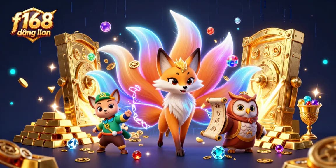 Experience thrilling f168 đăng nhập gaming with the nine-tailed fox spirit amidst gold treasures and colorful orbs.