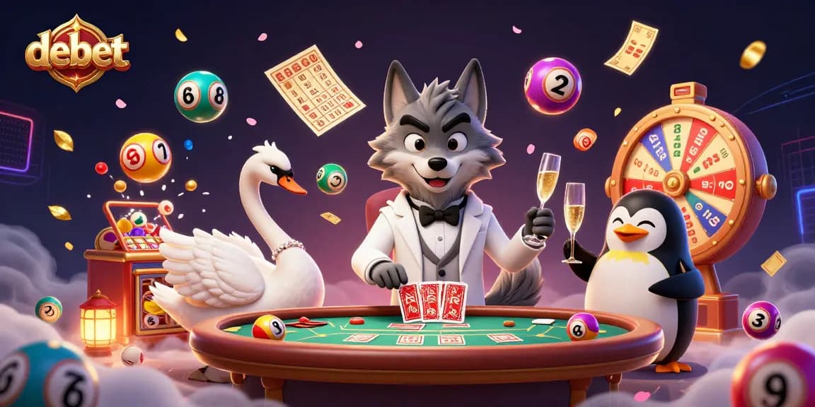 Engage with debet in a bustling casino with a debonair wolf, swan dealer, and penguin sommelier.