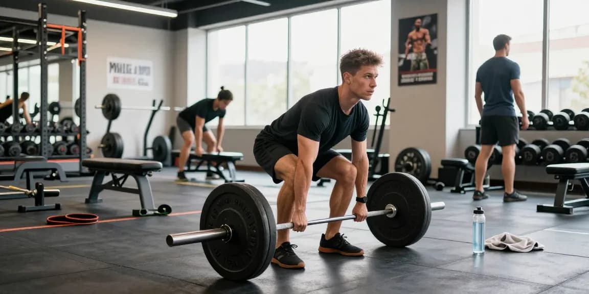 Anabolika Shop Deutschland zeigt einen muskulösen Athleten, der Gewichte in einer lebhaften Fitnessumgebung hebt und Fitnessengagement verkörpert.