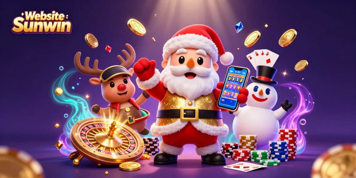 Experience exciting gaming at Website Sunwin with Santa Claus and friends amidst casino elements.