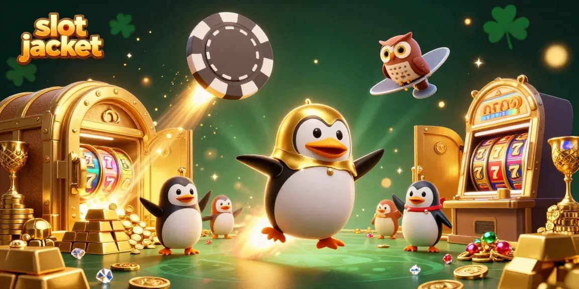 Activate your luck with slot jackpot at this thrilling scene featuring a golden penguin and treasure!
