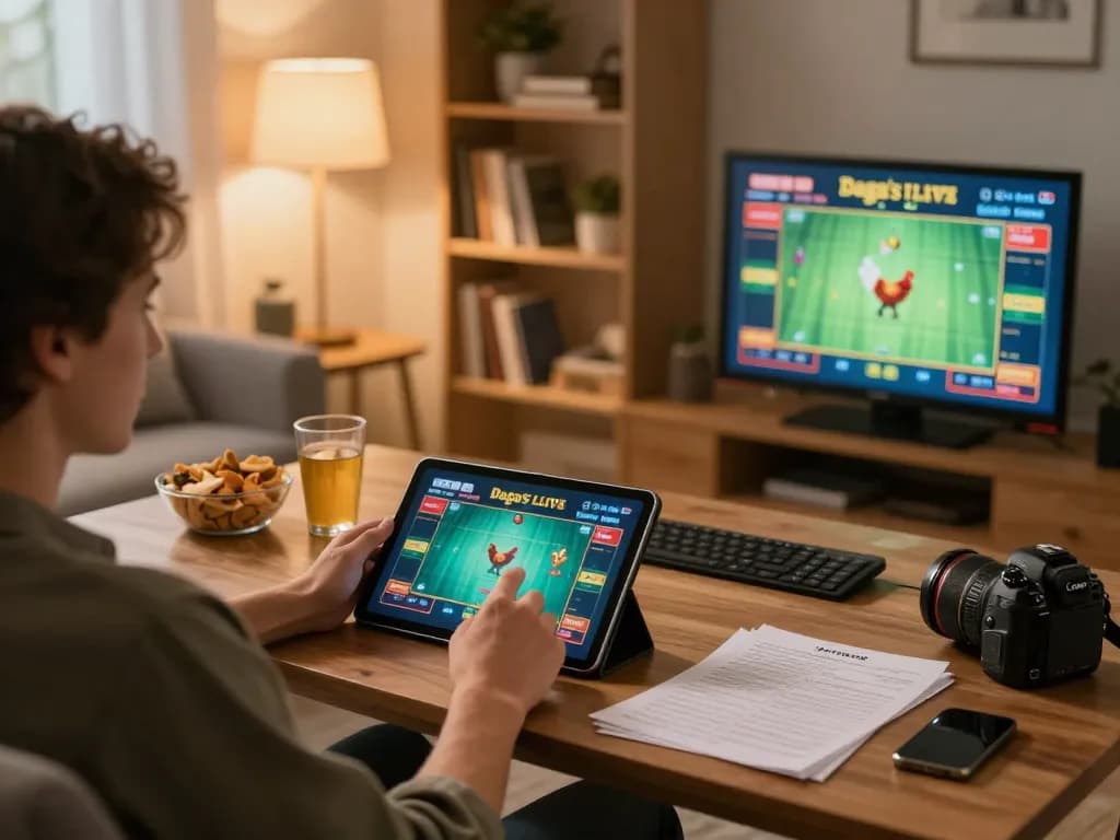 Players strategizing on Daga's online chicken fighting game from a cozy home setup