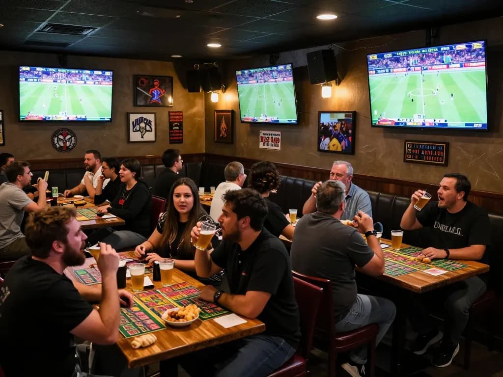 Fans celebrating and placing bets at a sports bar with keonhacaii providing live betting odds