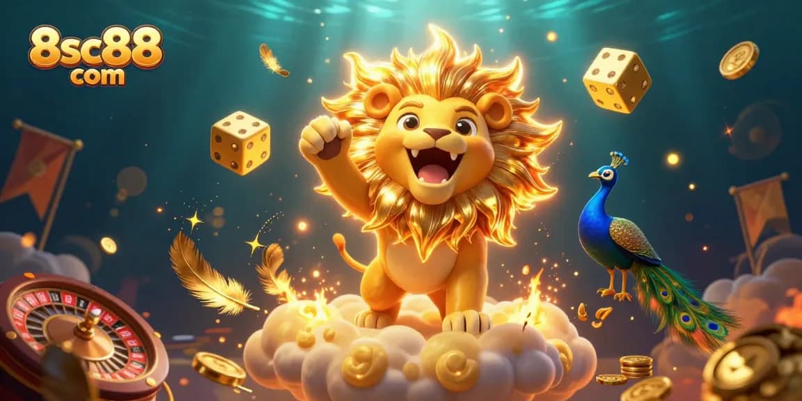 Engage in thrilling betting adventures at 8sc88 com with a dazzling illustration of a roaring lion amidst casino icons.