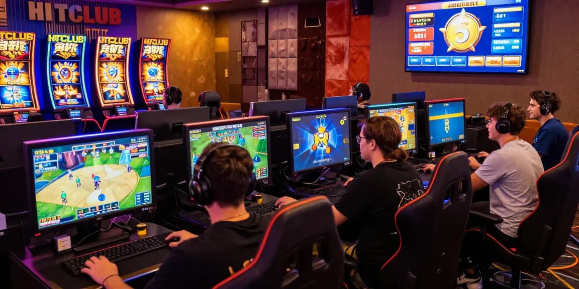 Exciting gaming atmosphere at taihitclub.cn.com with players engaged in gaming and vibrant screens showcasing various games.