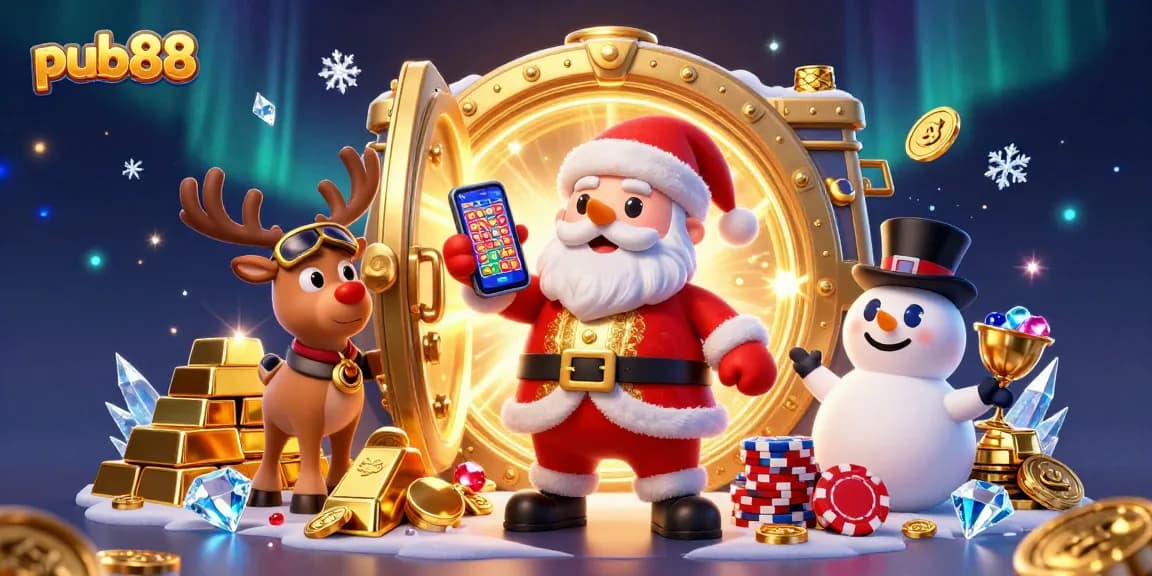 Experience winning at pub88 with a vibrant casino scene featuring Santa and themed characters.