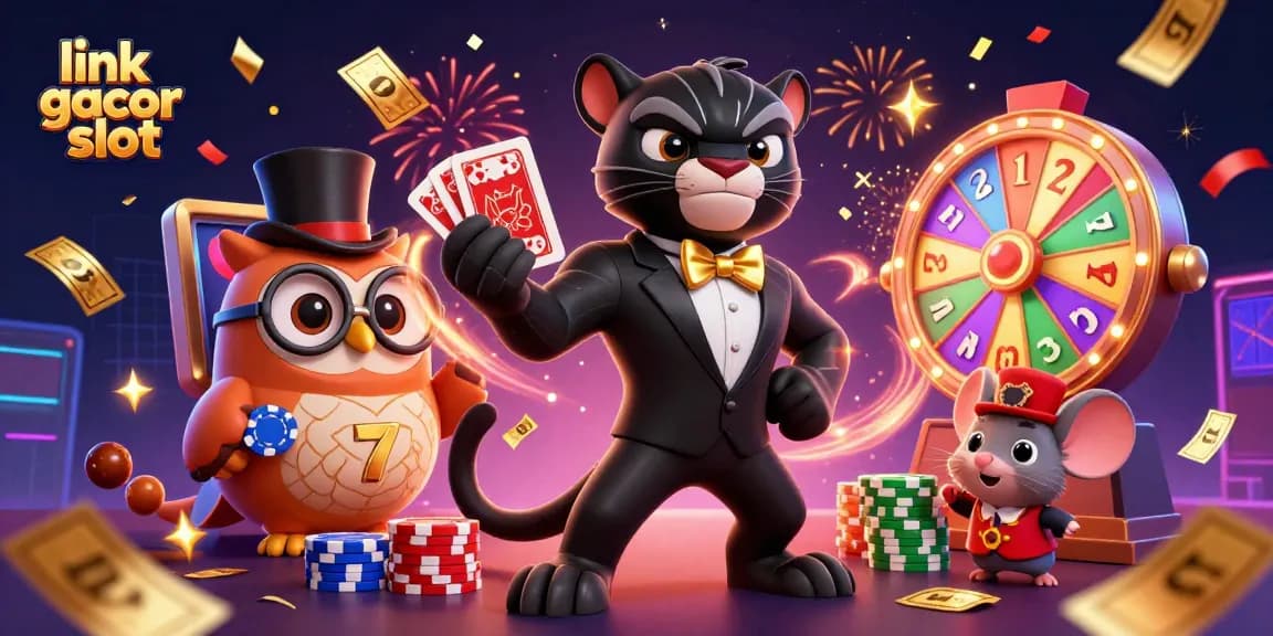 Experience thrilling gameplay with link gacor slot as a charismatic black panther deals cards amidst vibrant slot elements.