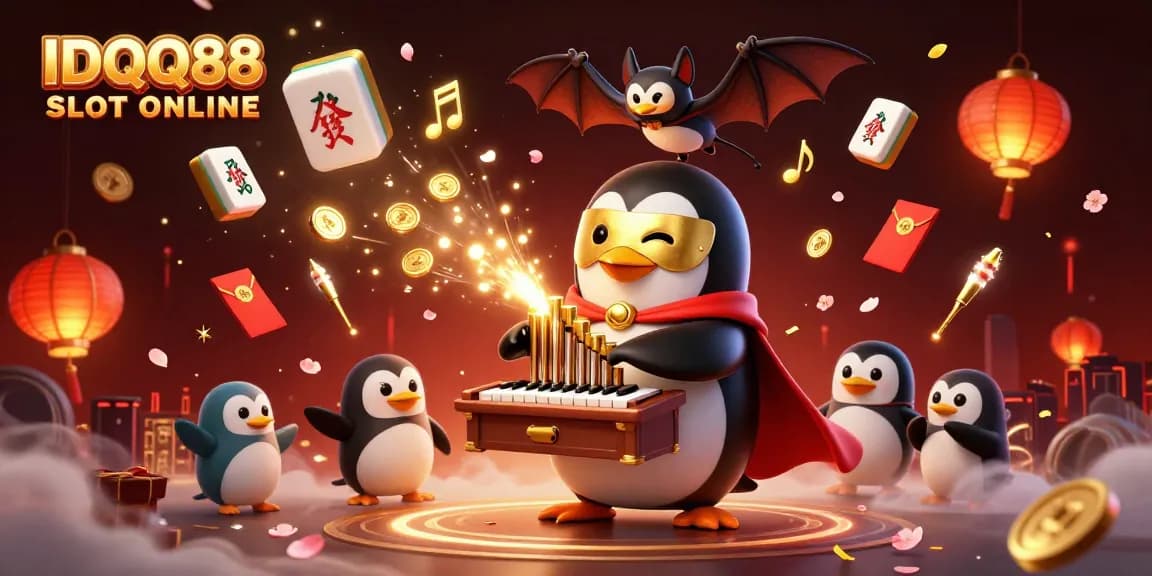 Experience the excitement of IDQQ88 SLOT ONLINE with a 3D penguin playing an organ that shoots coins, showcasing vibrant gaming elements.