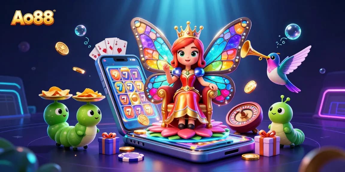 Engage with Ao88's vibrant casino scene featuring a butterfly queen and playful gaming elements.