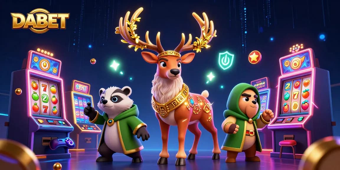DABET brings excitement with a dynamic 3D casino scene featuring slots, a druid stag, and a wise badger in action.