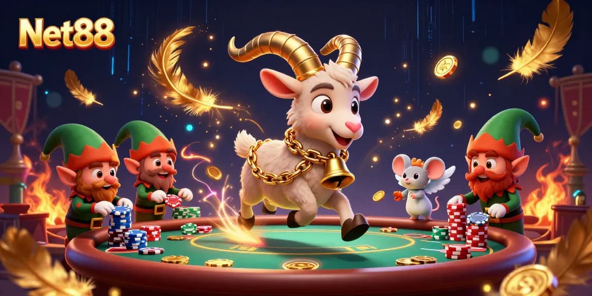 Net88 casino scene with a Krampus figure, angel mouse, and mischievous gremlins in action.