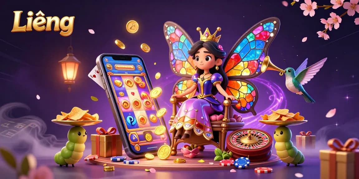 Play Liêng with vibrant 3D characters in a rich illustration showcasing exciting casino elements.