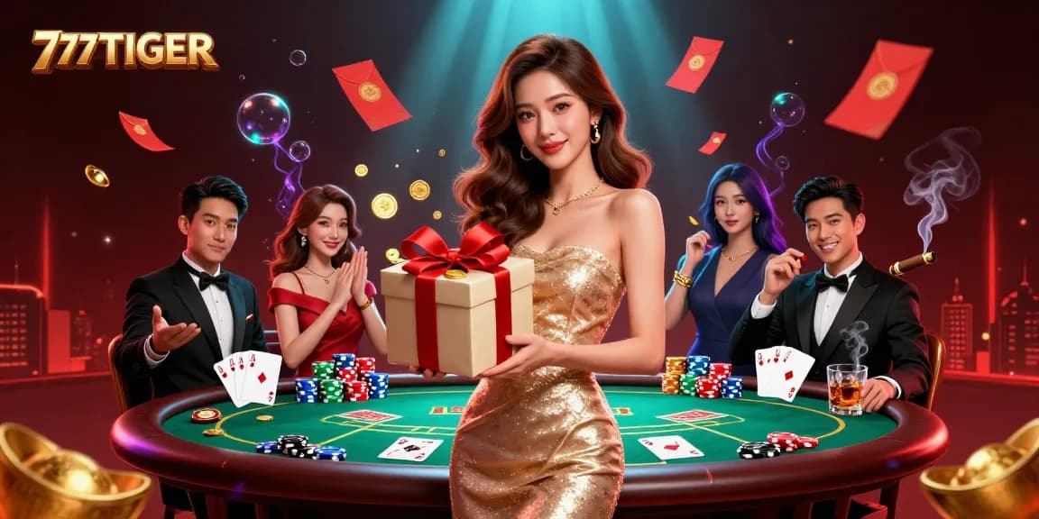 Experience 777TIGER's exciting casino atmosphere featuring an Asian woman with golden coins and poker elements.