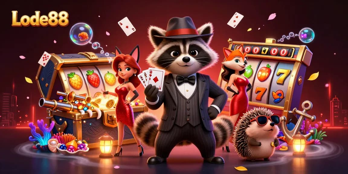 Lode88 features a raccoon with a royal flush, fox companion, and lively slot elements.