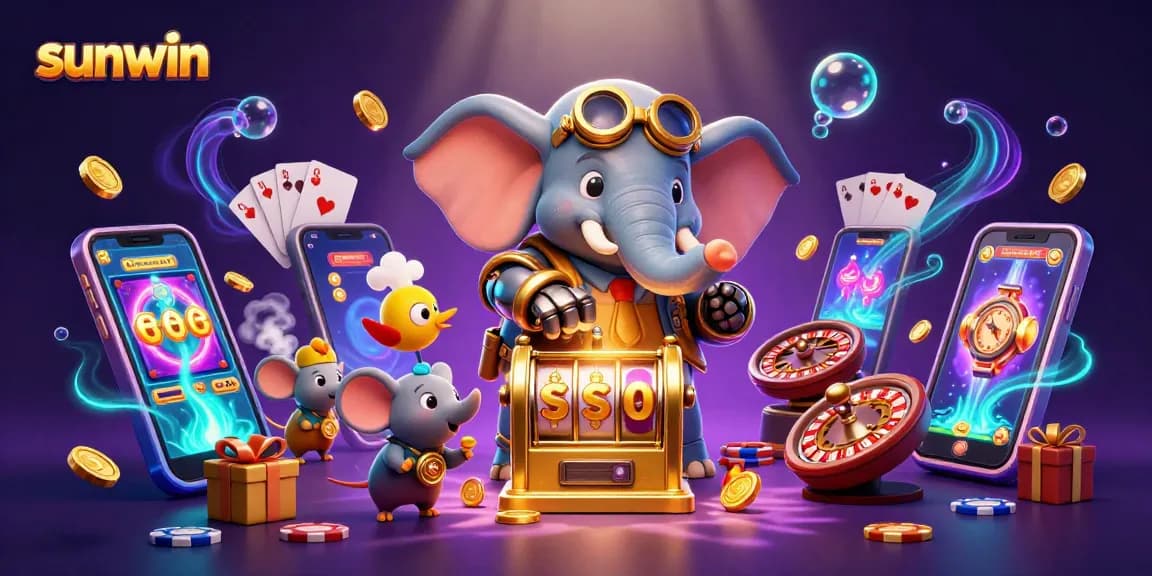 Spin to win at sunwin with a steampunk elephant operating a slot machine amidst vibrant casino elements.
