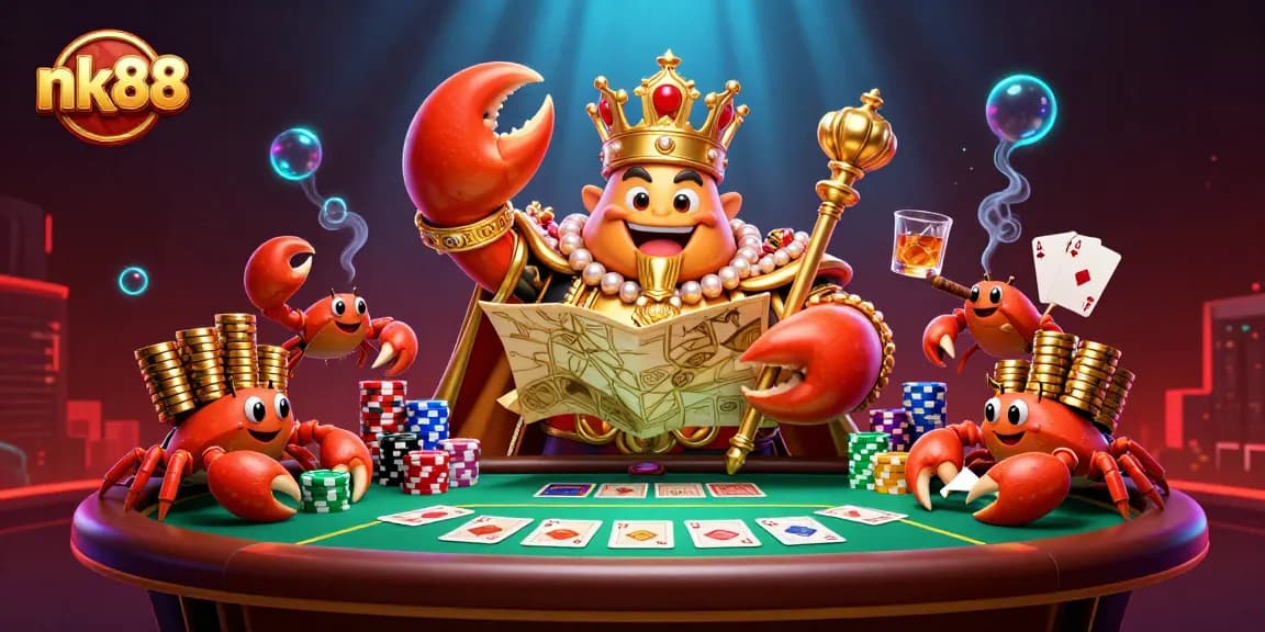 Experience the excitement of nk88 with a vibrant 3D casino scene featuring a golden crab emperor and poker elements.