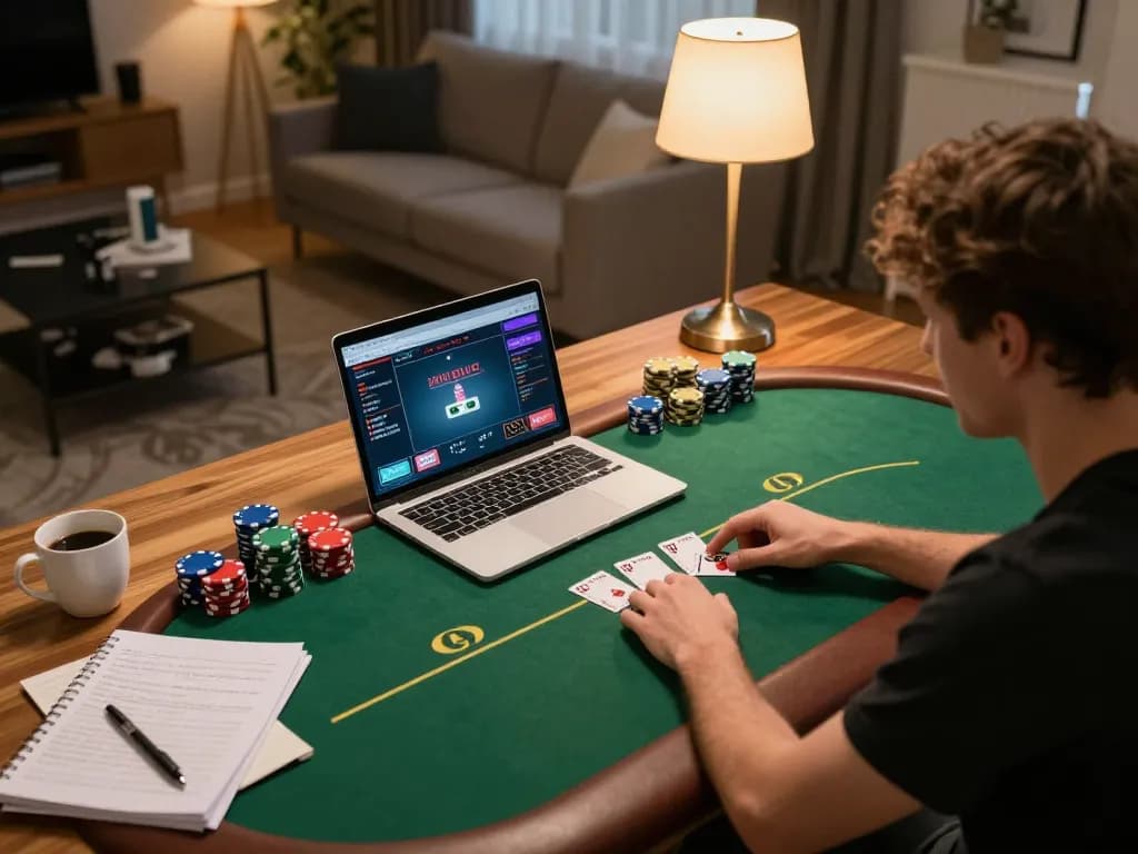 Player enjoying poker at home with SC88 online gaming platform on laptop, engaging in responsible gambling strategies.