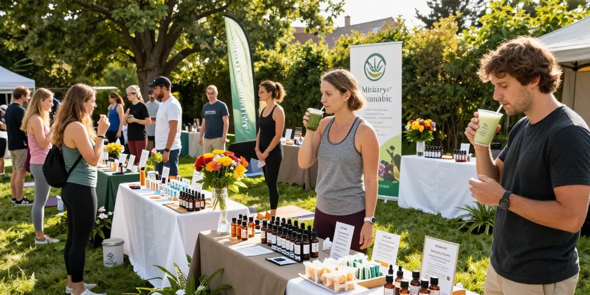 Ministry of Cannabis promoting organic CBD products at a vibrant wellness festival, featuring tinctures and smoothies.