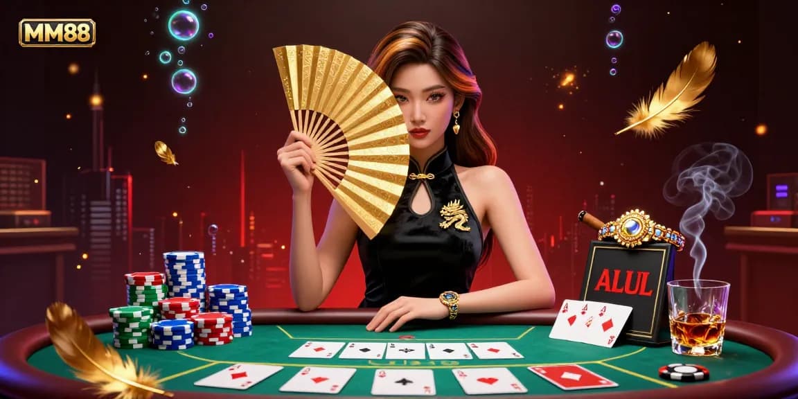 Win big with MM88 at a vibrant casino scene showcasing poker elements and an enchanting atmosphere.