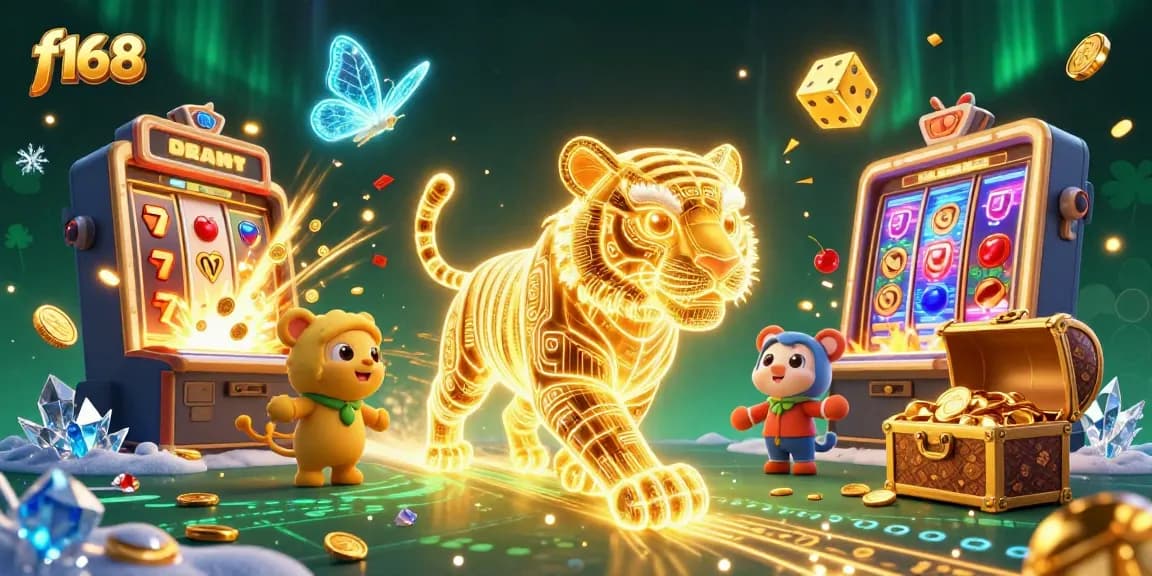 Experience thrilling gaming with f168's vibrant digital casino featuring dynamic win elements and a golden tiger.