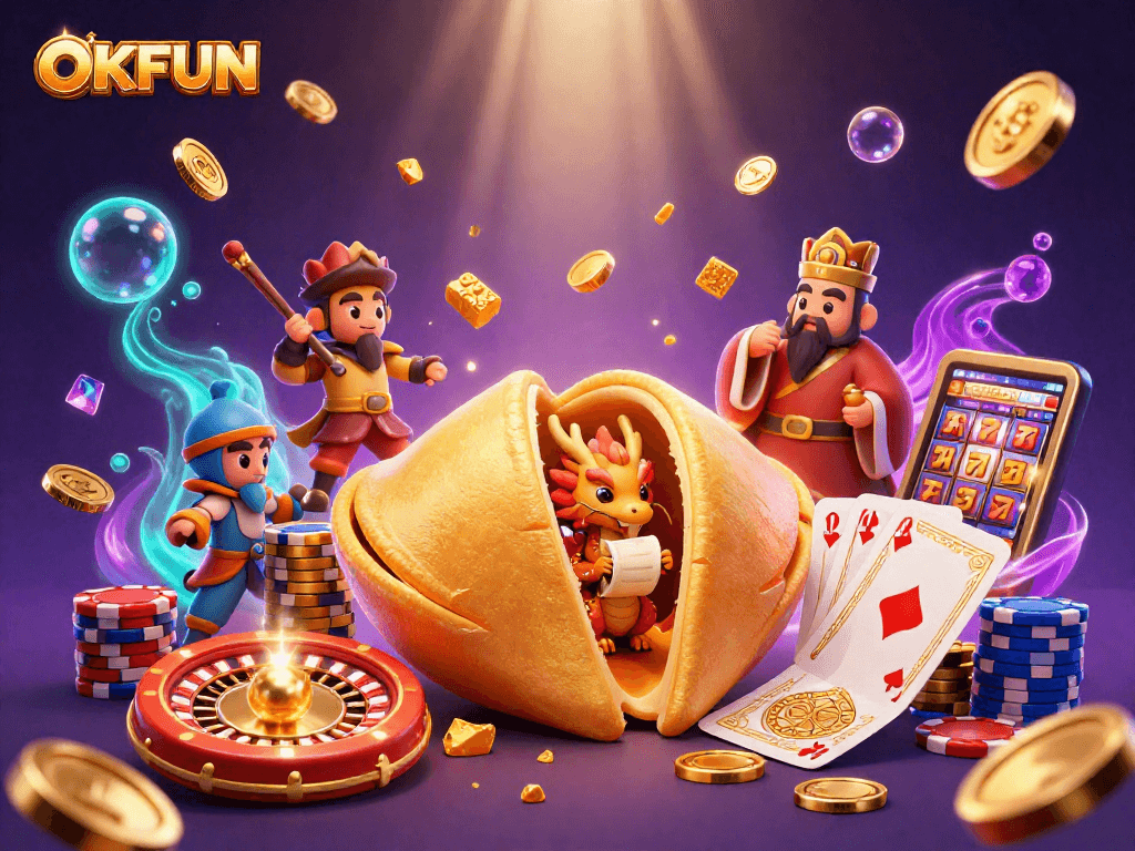 Win big with OKFUN’s vibrant 3D casino scene showcasing dynamic characters and rich gambling elements.