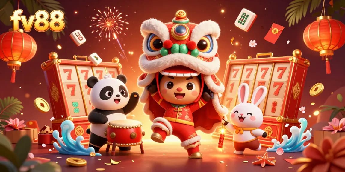 Experience excitement at fv88 with a lively illustration of casino themes and characters.